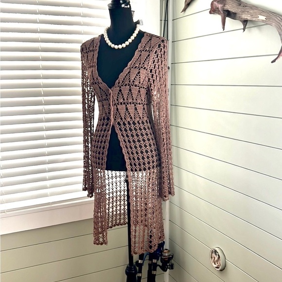 VTG Bette Paige,Crochet Long Duster in Walnut, Cardigan,Boho,Rare, EUC, Size L - Picture 9 of 14